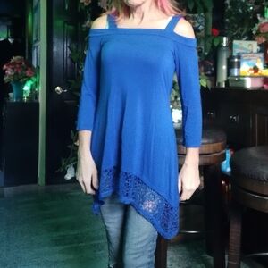 Bright Blue Cold Shoulder Top with Lace Hem